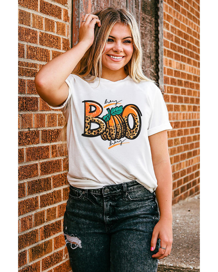 White BOO Pumpkin Leopard Print Crew Neck T Shirt - 2XL
