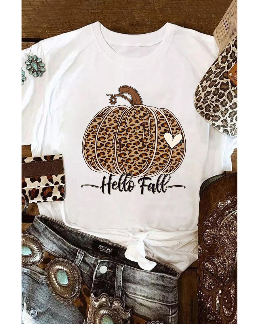 White Hello Fall Leopard Pumpkin Graphic T Shirt - 2XL