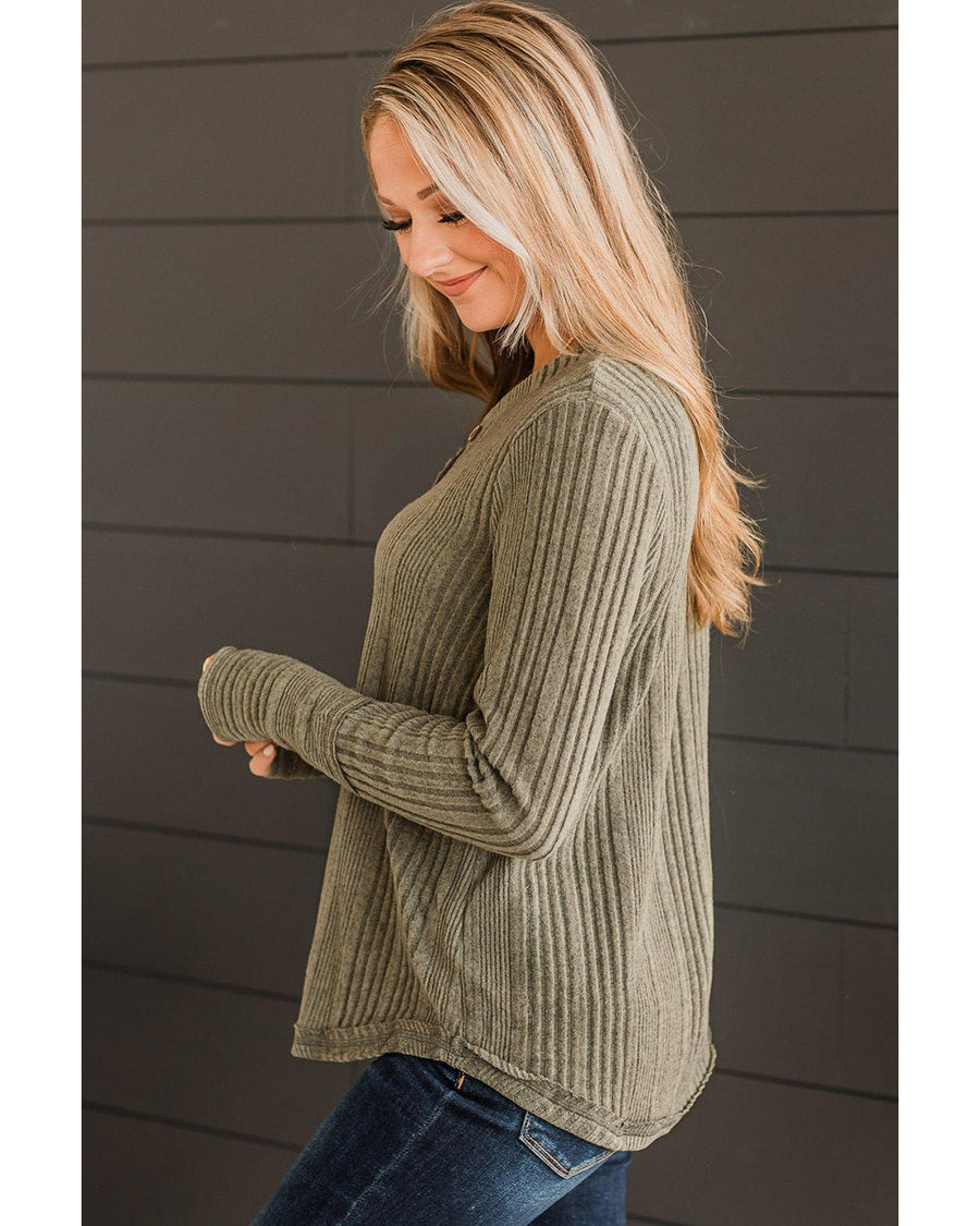 Jungle Green V Neck Buttoned Ribbed Knit Top - M