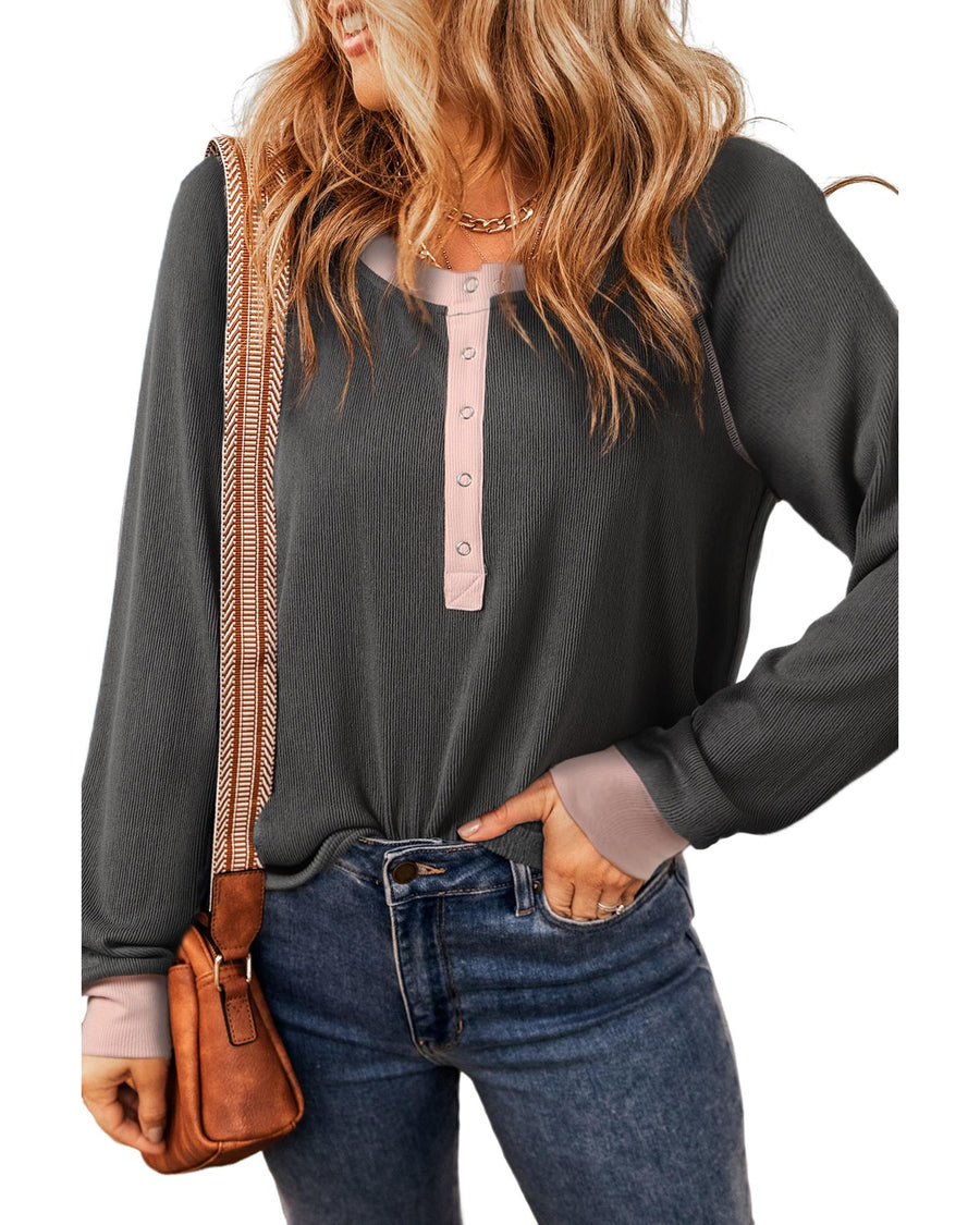 Carbon Grey Textured Contrast Stitching Henley Top - L