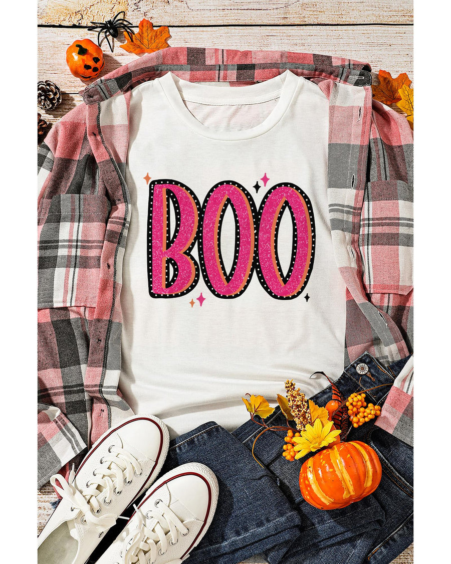 White BOO Crew Neck Graphic T Shirt - M
