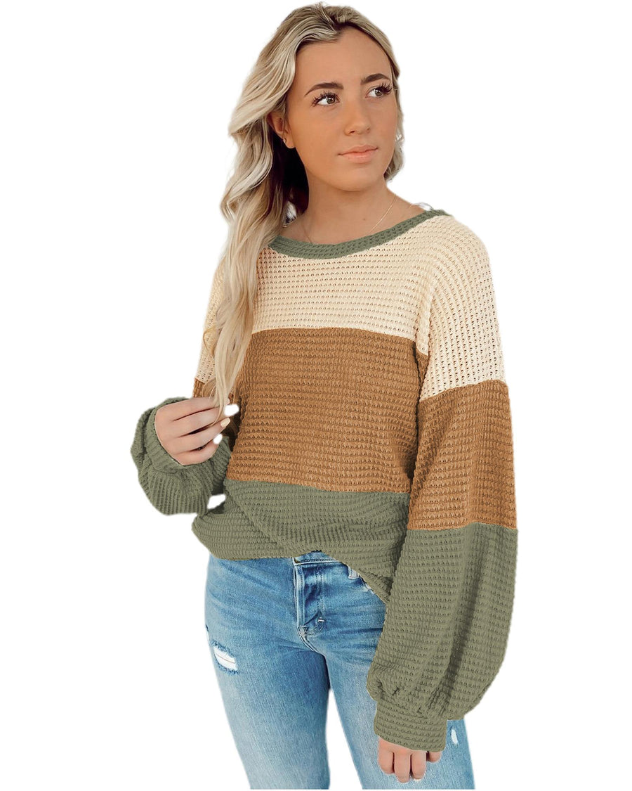 Green Stripe Textured Color Block Bubble Sleeve Baggy Top - S