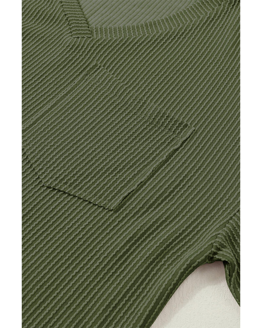 Azura Exchange Jungle Green Corded V Neck Chest Pocket Loose T-shirt - M