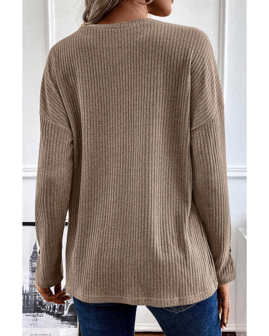 Pale Khaki Rib Textured Henley Knit Top - XL