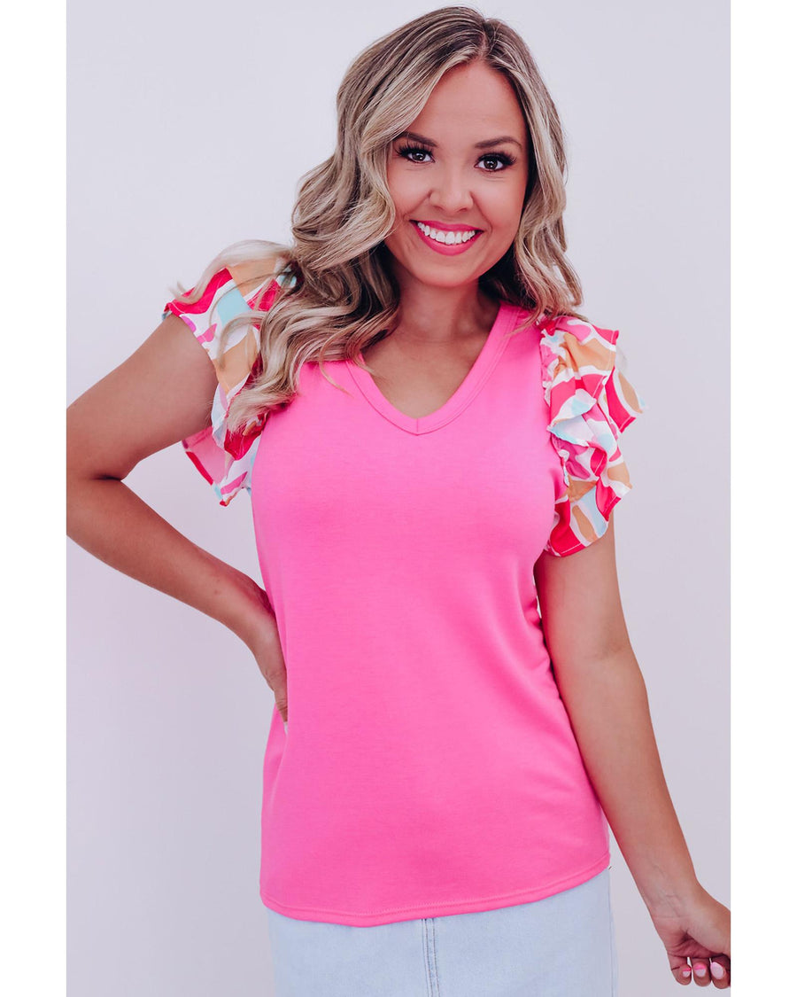 Bonbon V Neck Printed Ruffle Sleeve Patchwork T-shirt - M