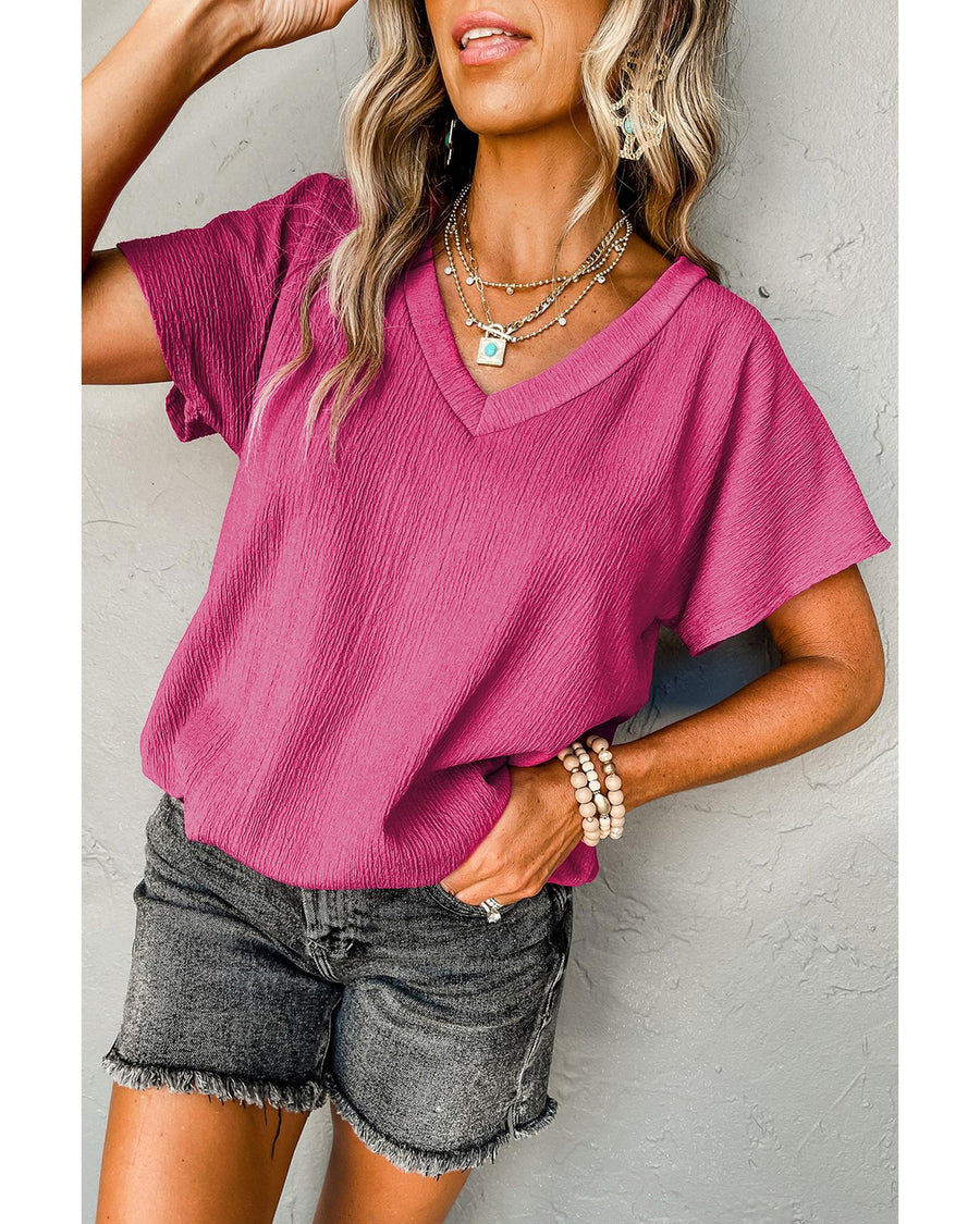 Bright Pink Crinkled V Neck Wide Sleeve T-shirt - M