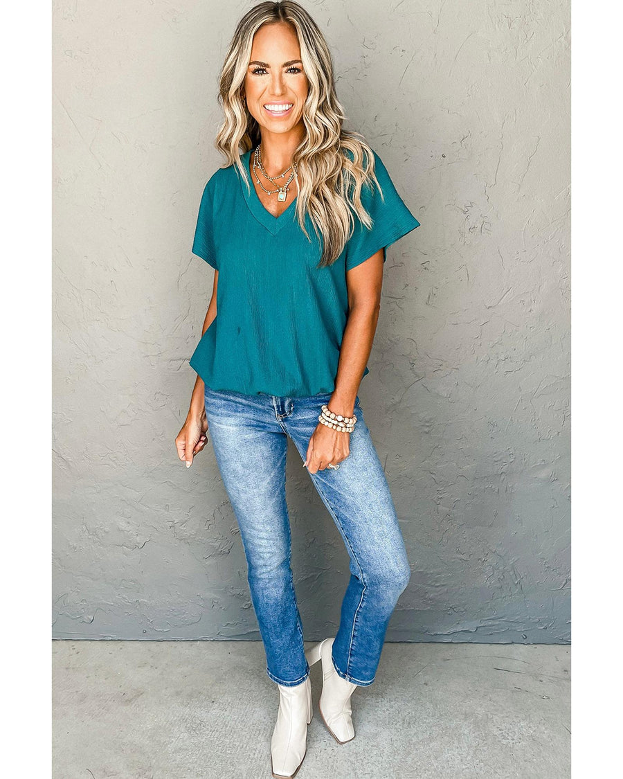 Blue Sapphire Crinkled V Neck Wide Sleeve T-shirt - M