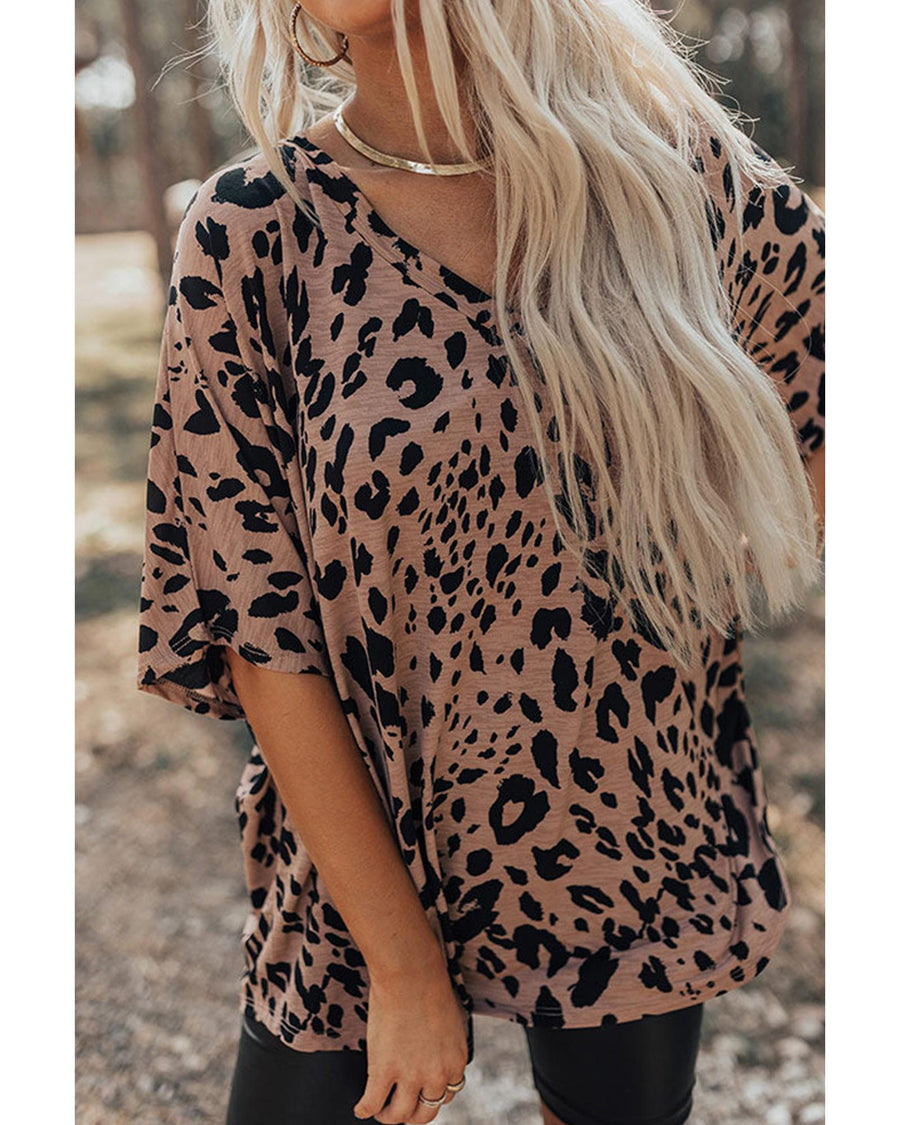 Brown Leopard Print V Neck Half Sleeve Oversized Tee - L