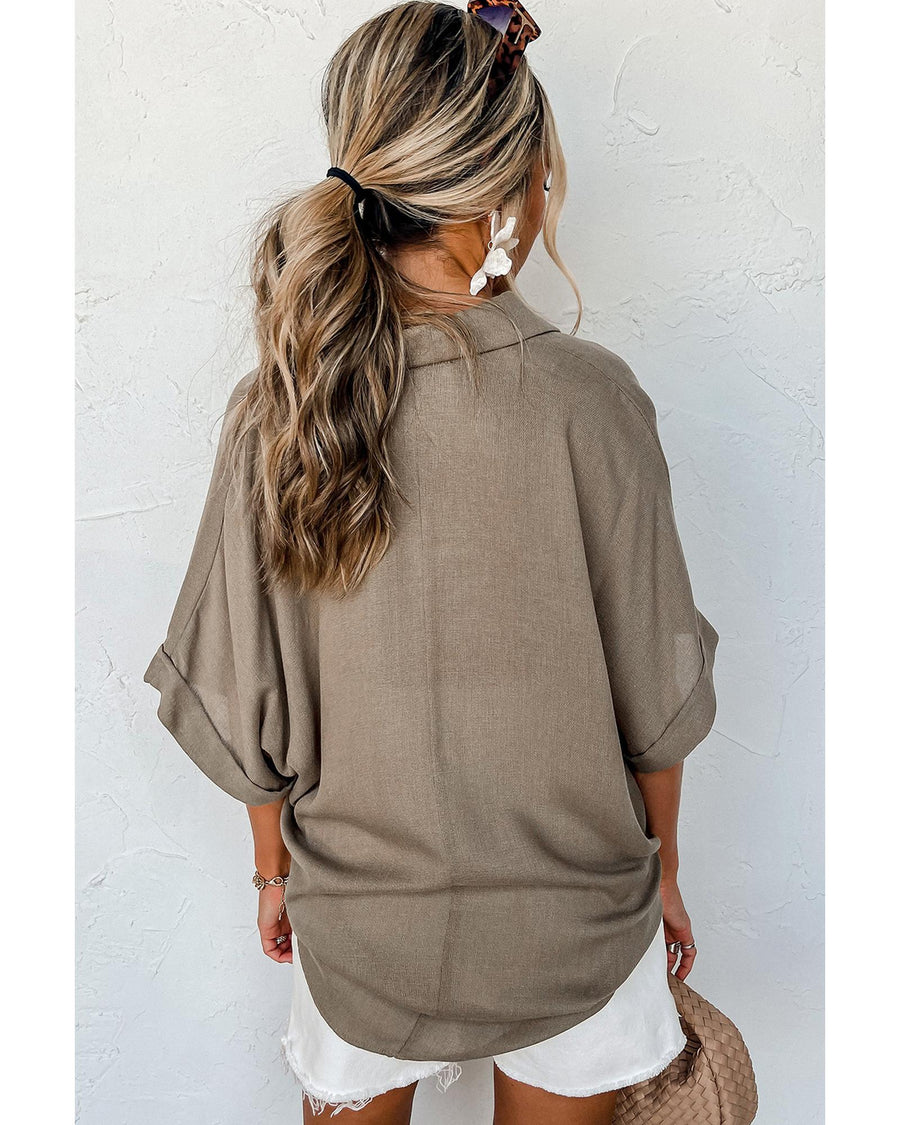 Simply Taupe Collared Half Buttons Folded Short Sleeve Oversize Top - M