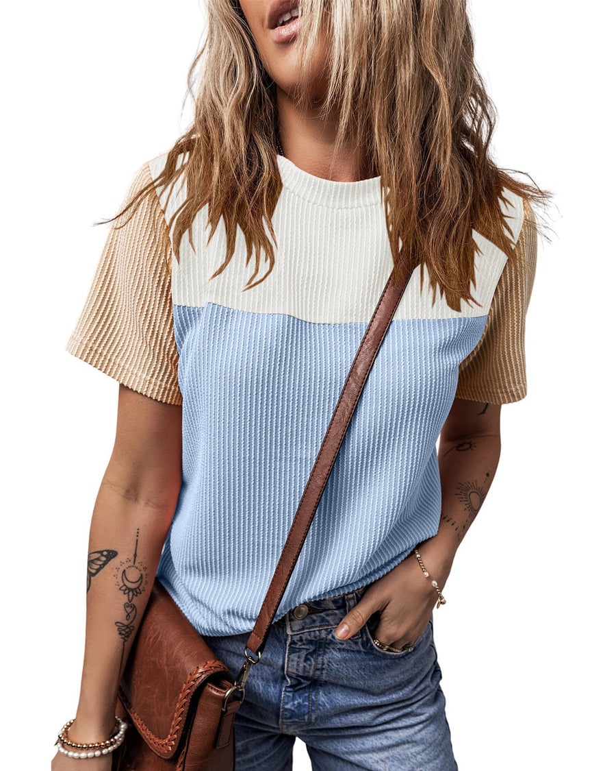 Light Blue Rib Textured Colorblock T Shirt - M
