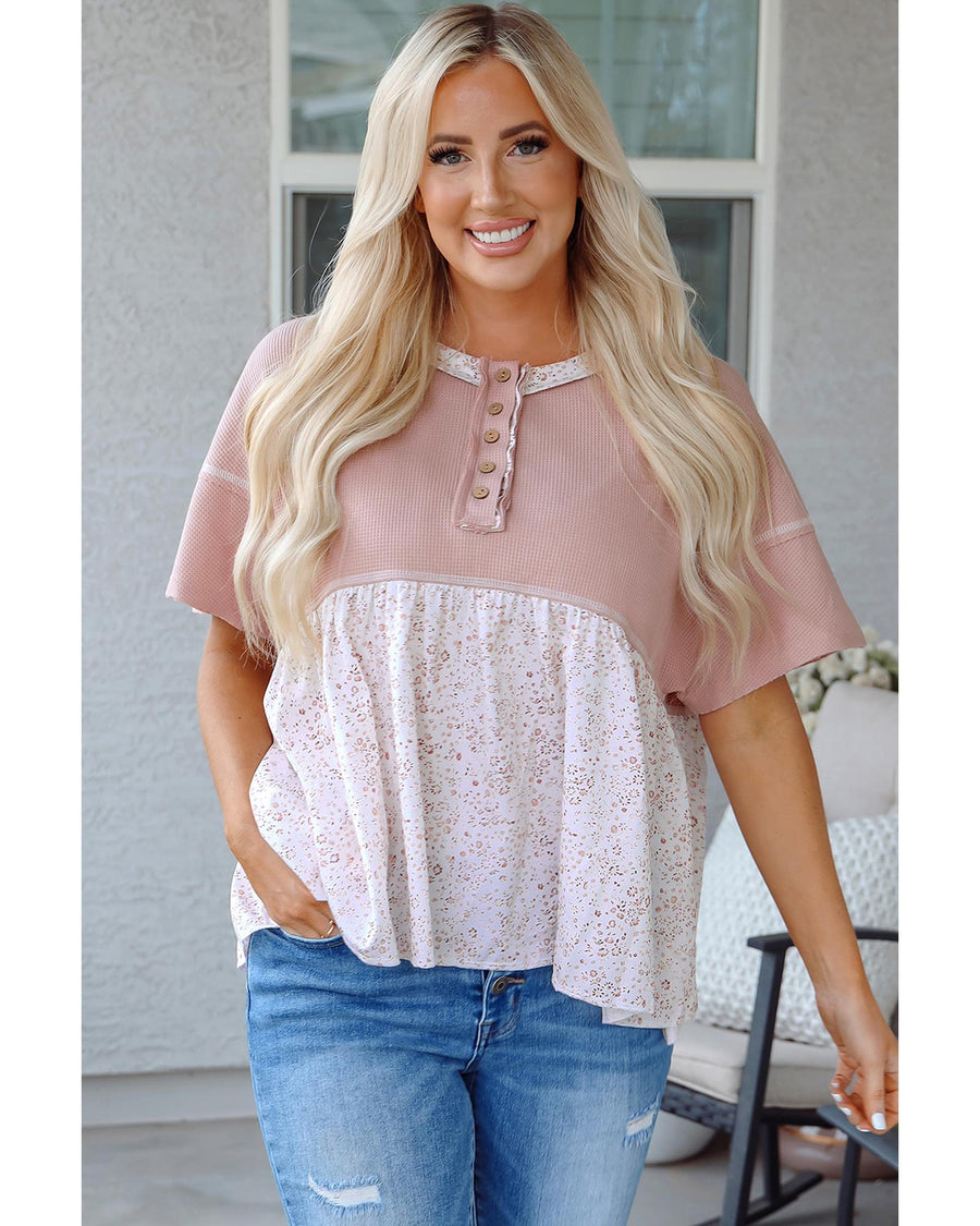 Pink Waffle Floral Patchwork Exposed Seam Detail Short Sleeve Top - M