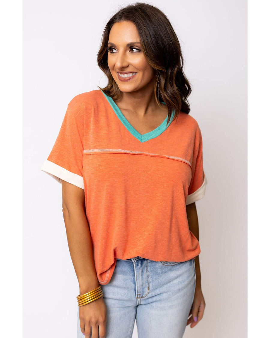 Grapefruit Orange Contrast Trim Exposed Seam V Neck T-shirt - S