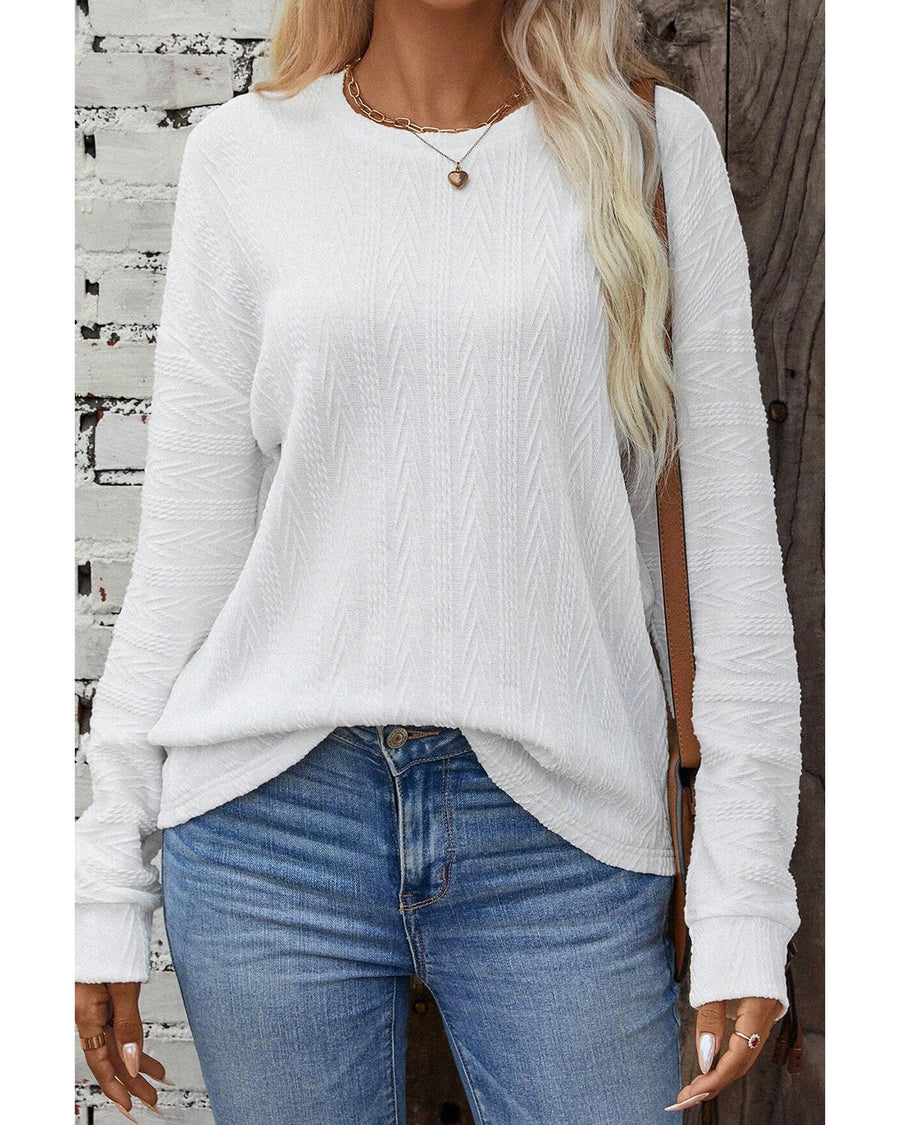 White Round Neck Drop Shoulder Textured Knit Top - S