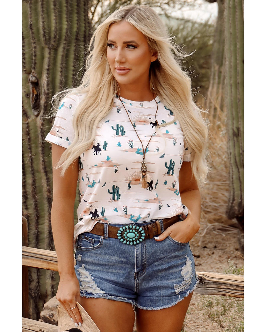 Beige Western Cactus Print Crew Neck Short Sleeve Top - L
