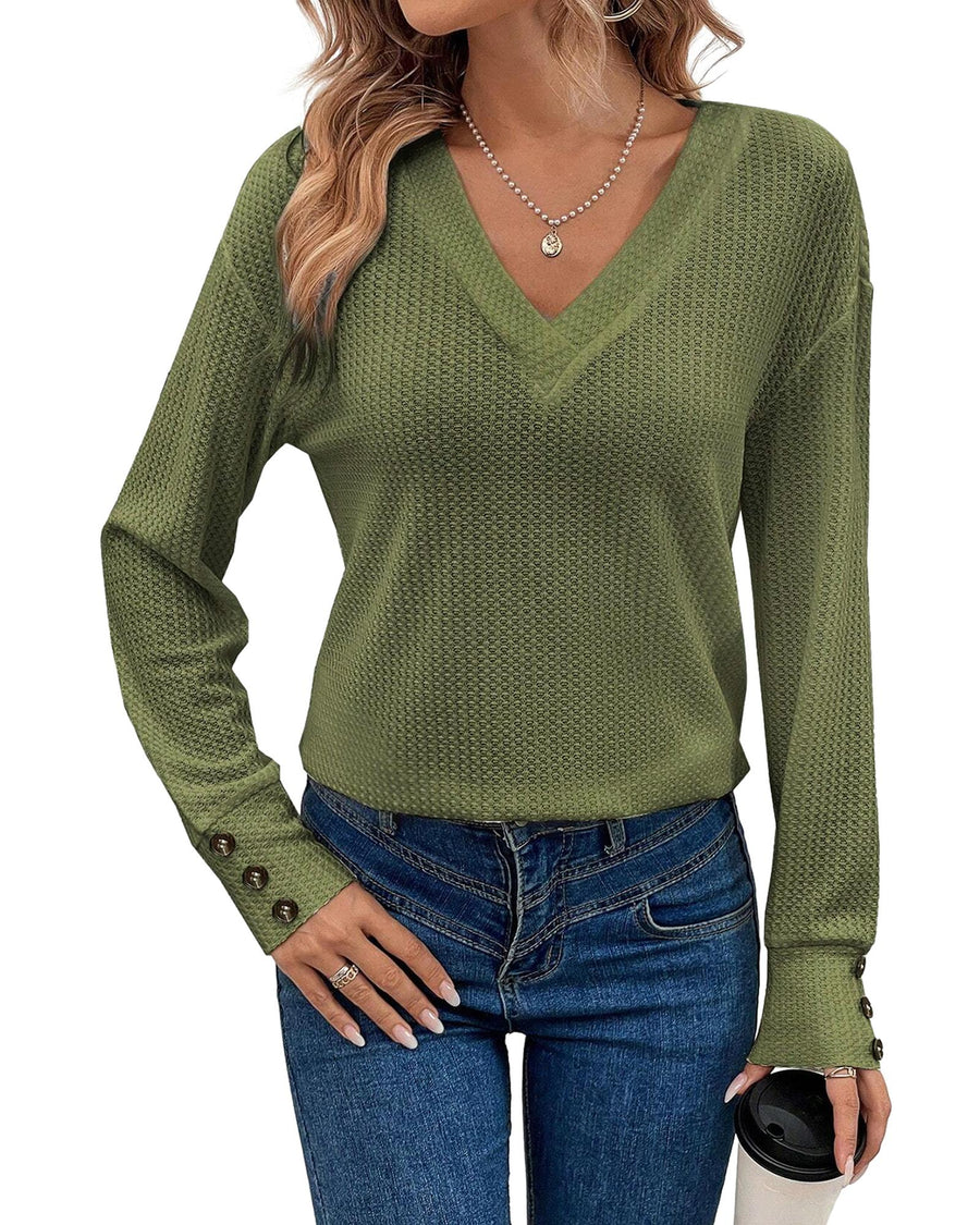 Jungle Green Textured Knit V Neck Button Cuffs Long Sleeve Top - XL