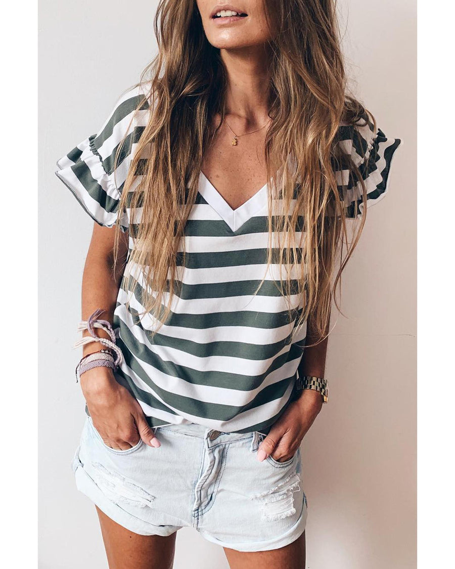 Sea Green Striped V Neck Ruffle Sleeve Top - L