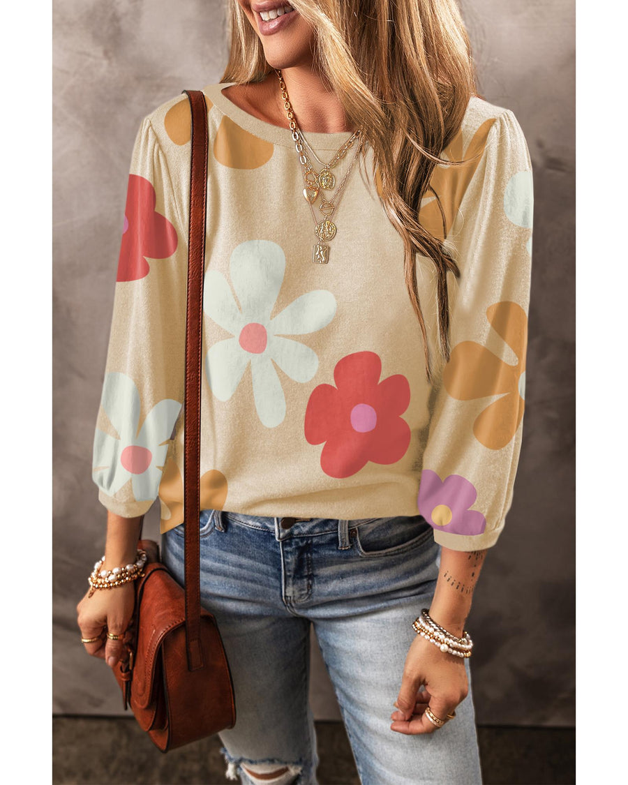 Apricot Cute Flower Print Bracelet Sleeve Top - M