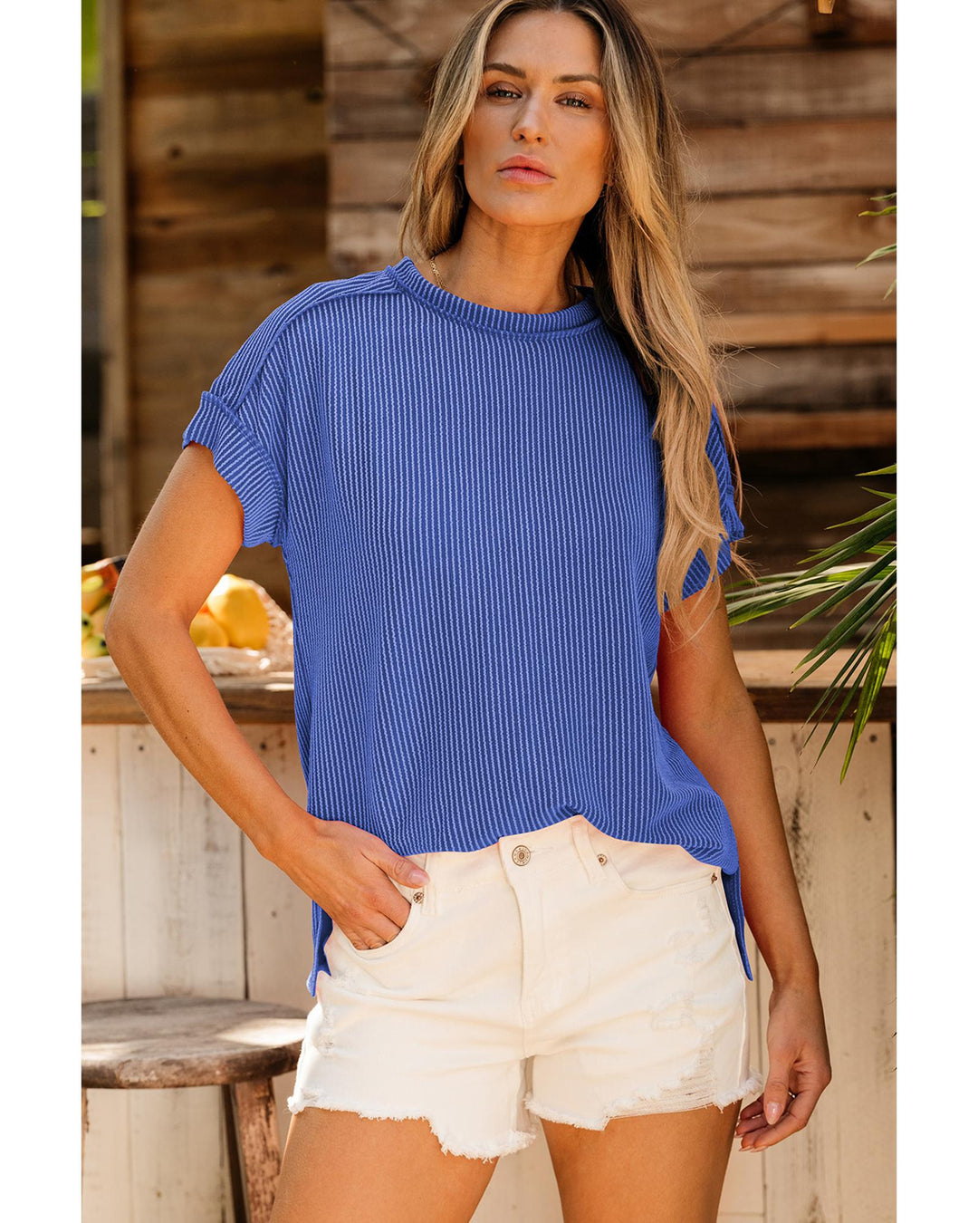 Dark Blue Textured Knit Exposed Stitching T-shirt - L