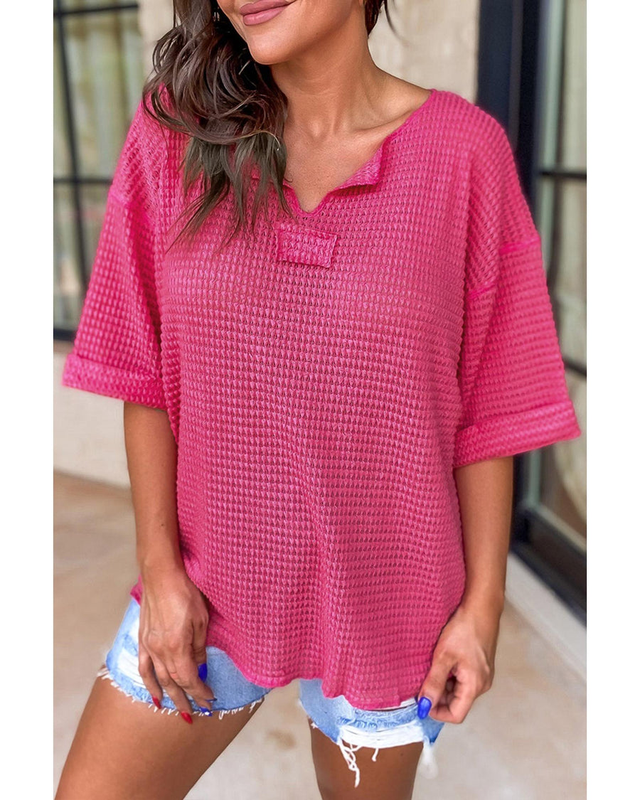Strawberry Pink Textured Knit Split Neck Cuffed Short Sleeve Top - L
