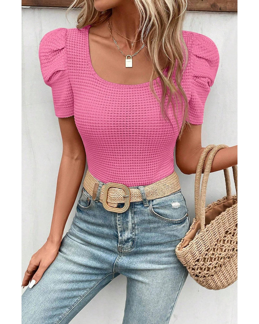 Bright Pink Waffle Knit Ruched Puff Sleeve Top - L