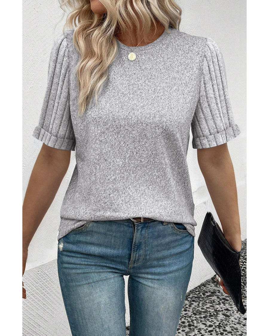 Gray Ribbed Splicing Sleeve Round Neck T-shirt - S