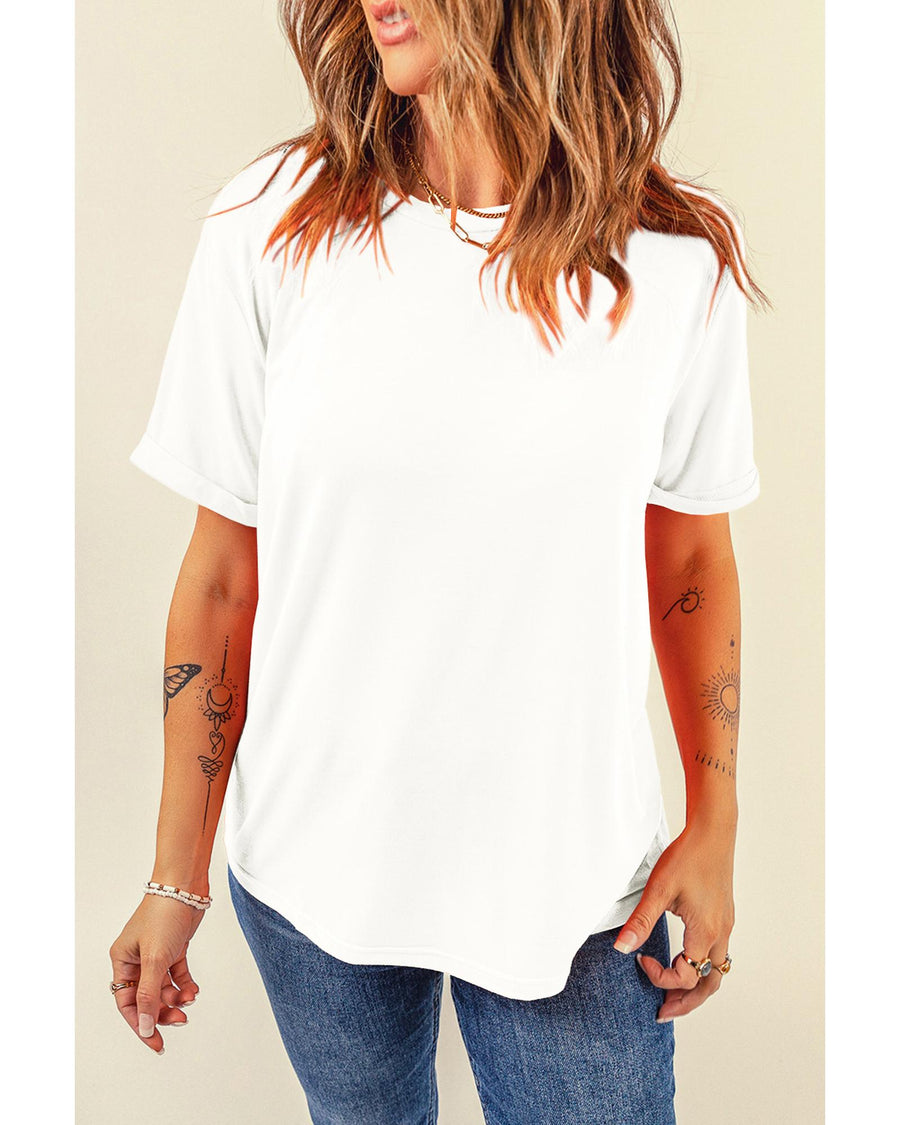 White Casual Plain Crew Neck Tee - M
