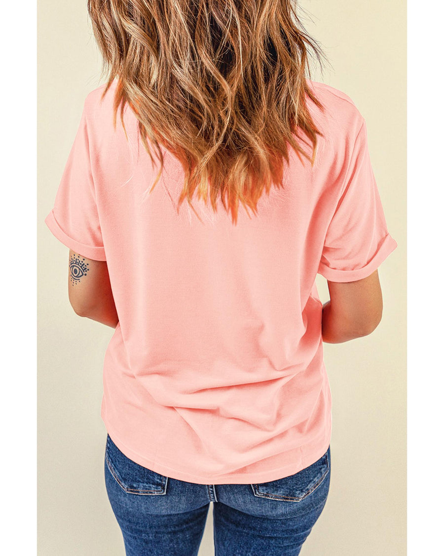 Pink Casual Plain Crew Neck Tee - M