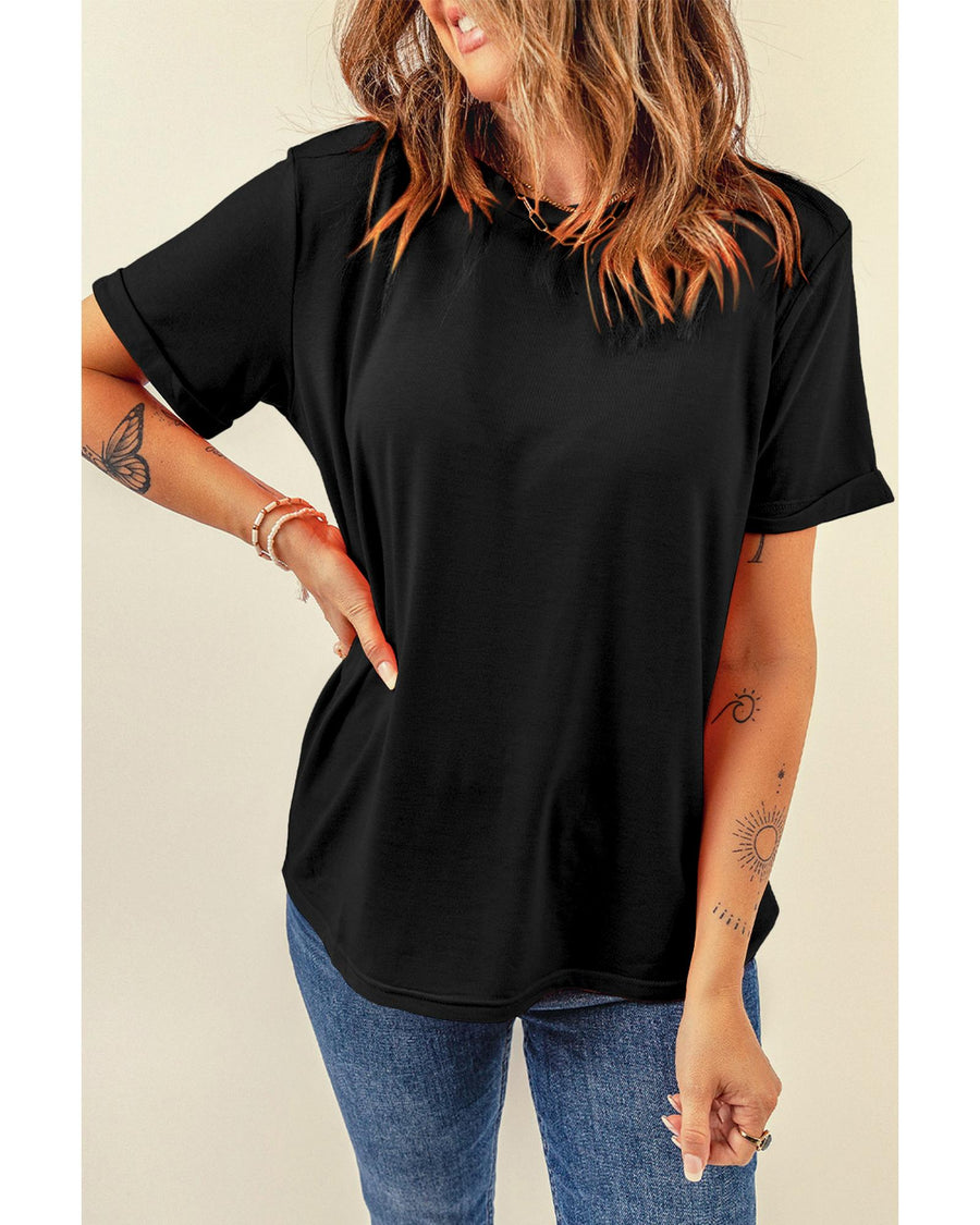 Black Casual Plain Crew Neck Tee - L