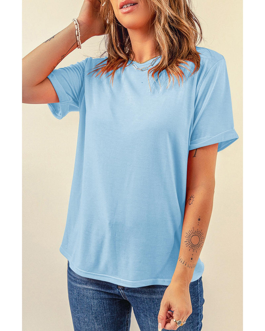 Light Blue Bright Casual Plain Crew Neck Tee - M