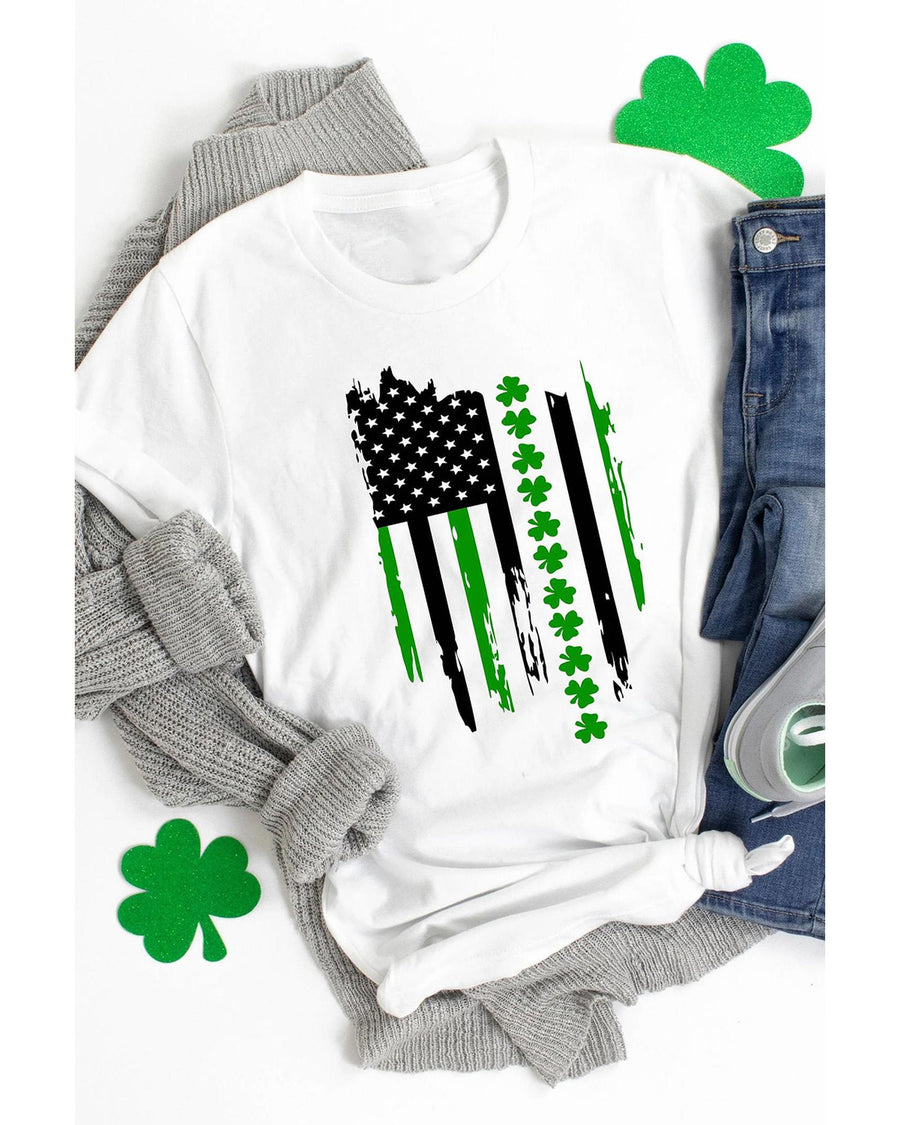 White St. Patricks Clover American Flag Print Crewneck Tee - M