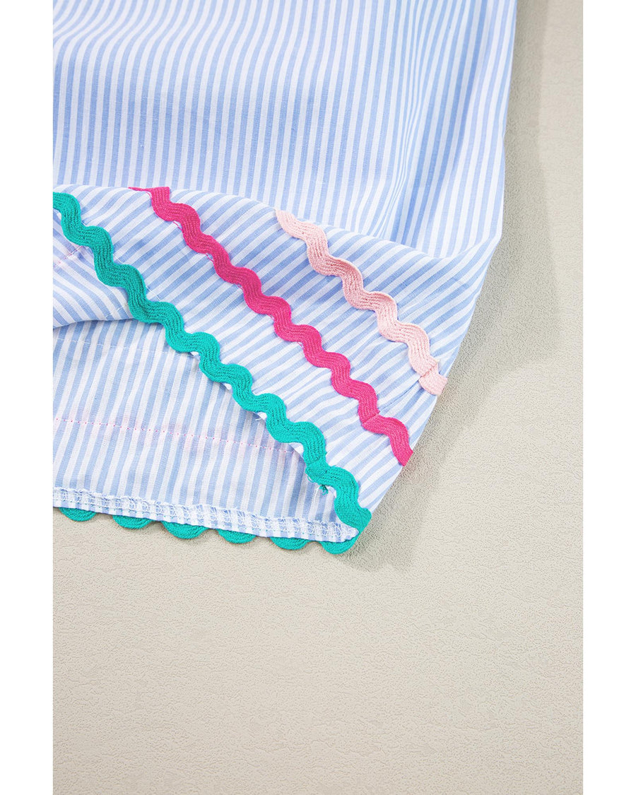 Sky Blue Stripe Ricrac Trim Split Neck Striped Ruffled Sleeve Blouse - M