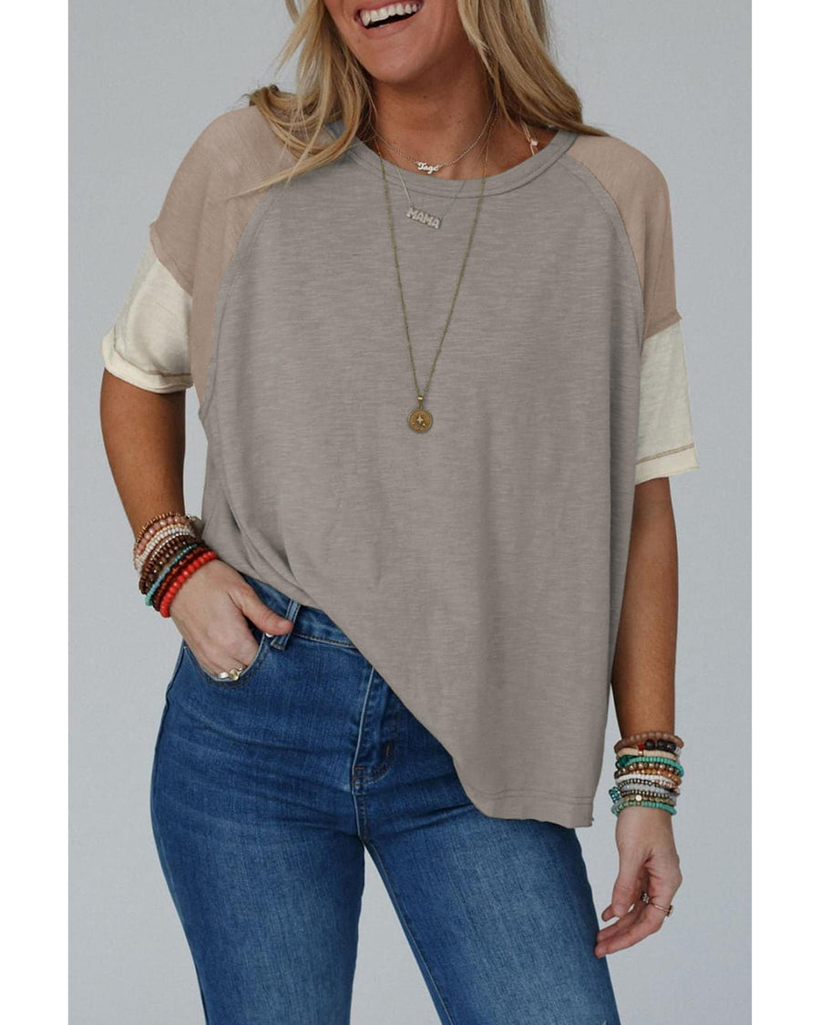 Simply Taupe Exposed Seam Colorblock Loose Tee - M