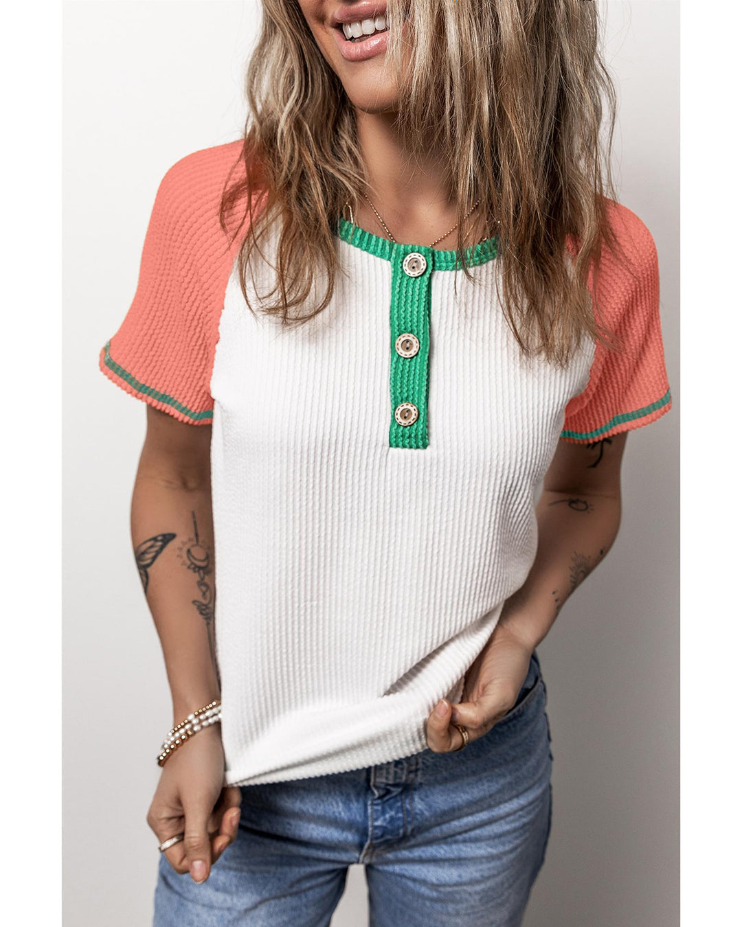 White Colorblock Textured Raglan Sleeve Henley T shirt - S