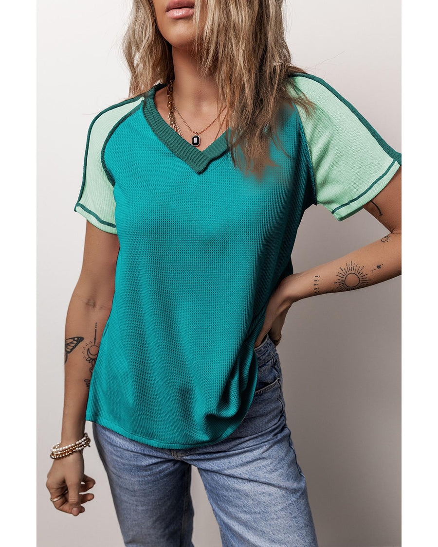 Green Exposed Seam Color Block Knitted V Neck T-shirt - S