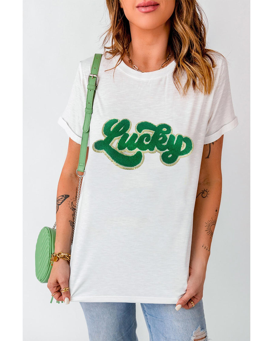 White St. Patrick Lucky Chenille Glitter Patched Graphic T Shirt - M