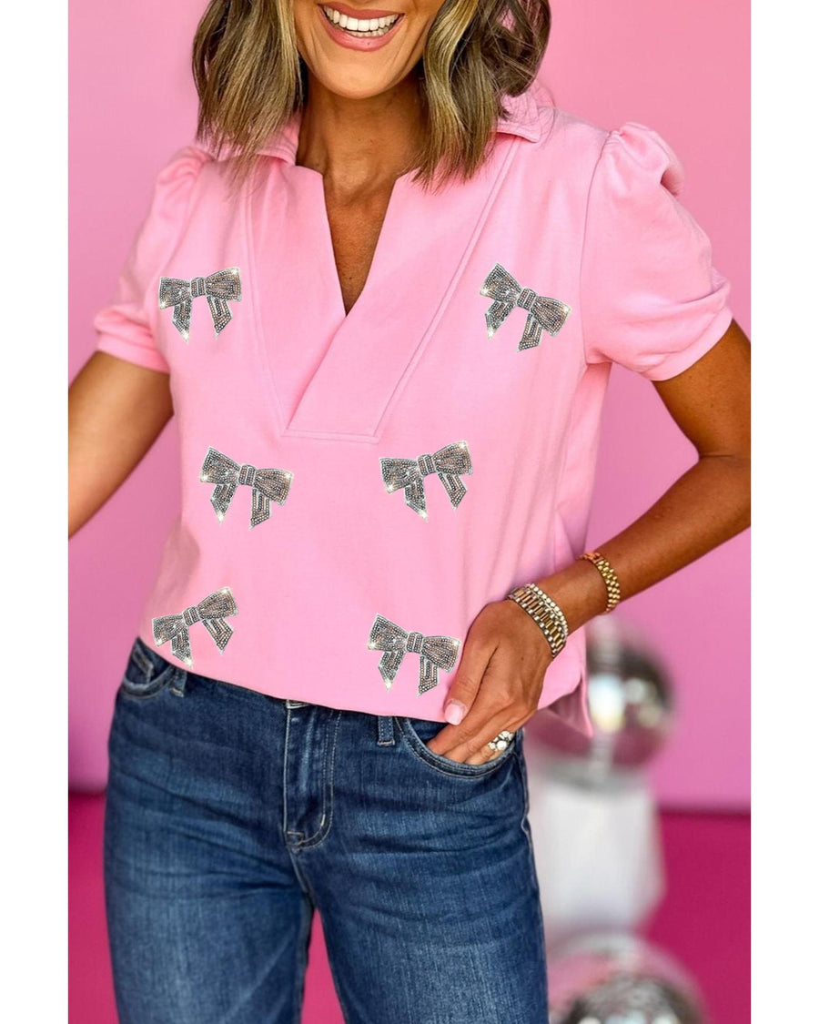 Pink Sequin Bow Knot Patched Collared V Neck T Shirt - XL