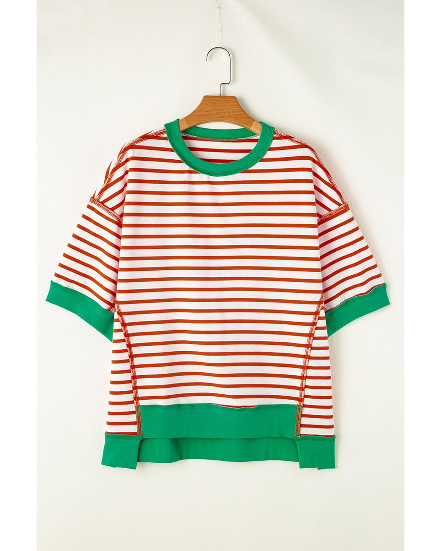 Orange Stripe Oversized Contrast Trim Exposed Seam High Low T Shirt - L