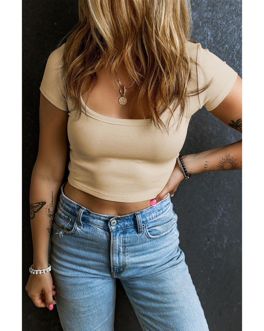 Beige Ribbed Knit U Neck Crop Top - L