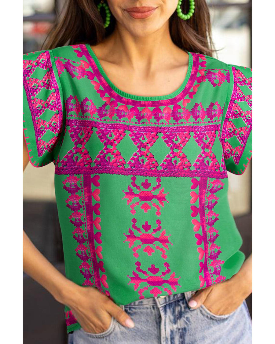 Rose Boho Abstract Print U Neck Cap Sleeve T Shirt - M