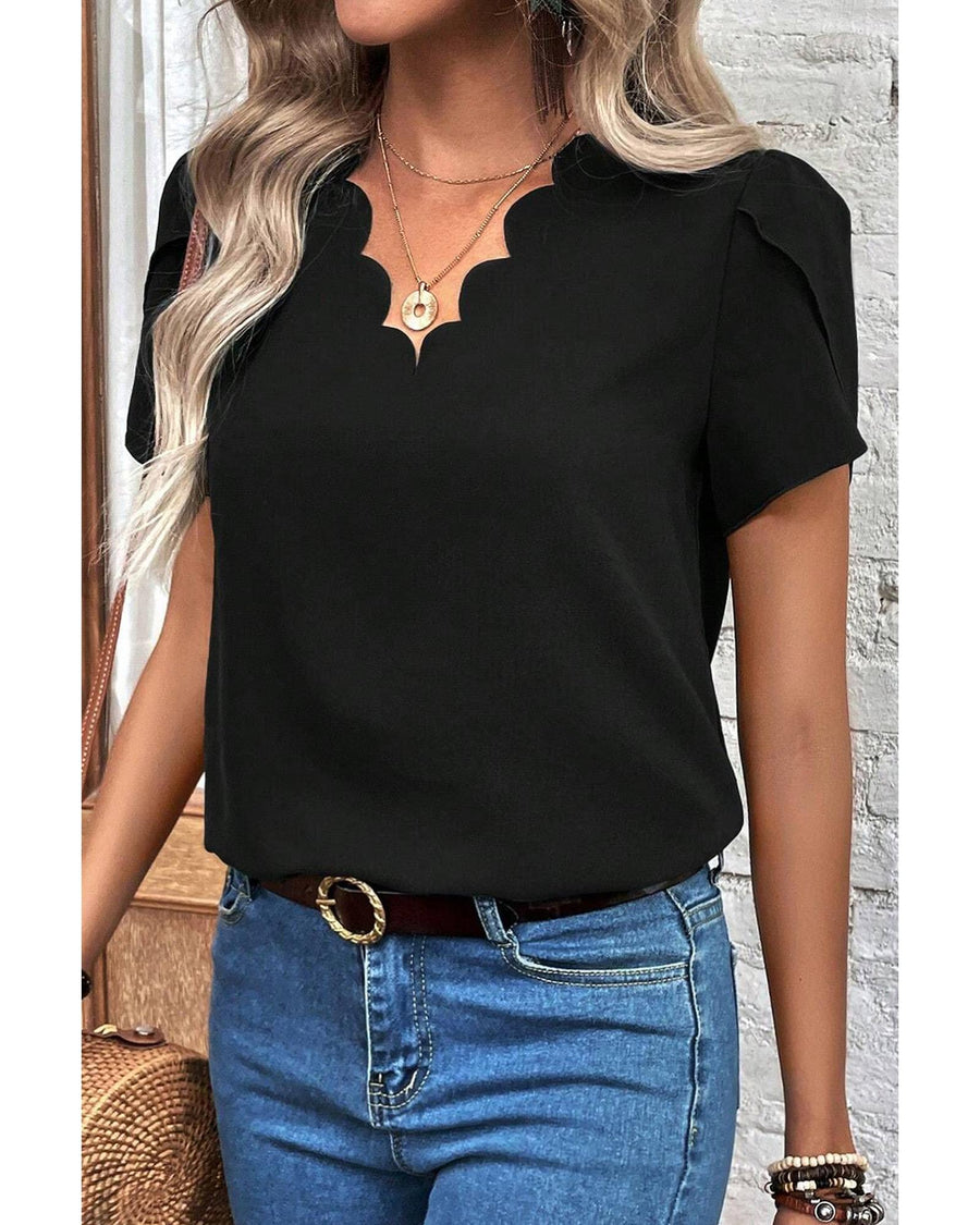 Black Scalloped V Neckline Petal Sleeve Top - S