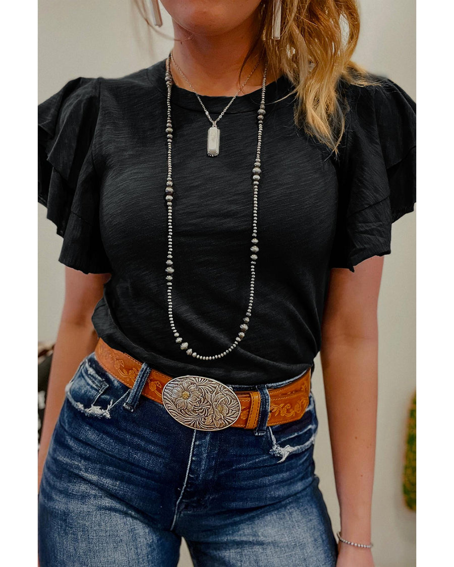 Black Layered Ruffle Short Sleeve Round Neck Top - M