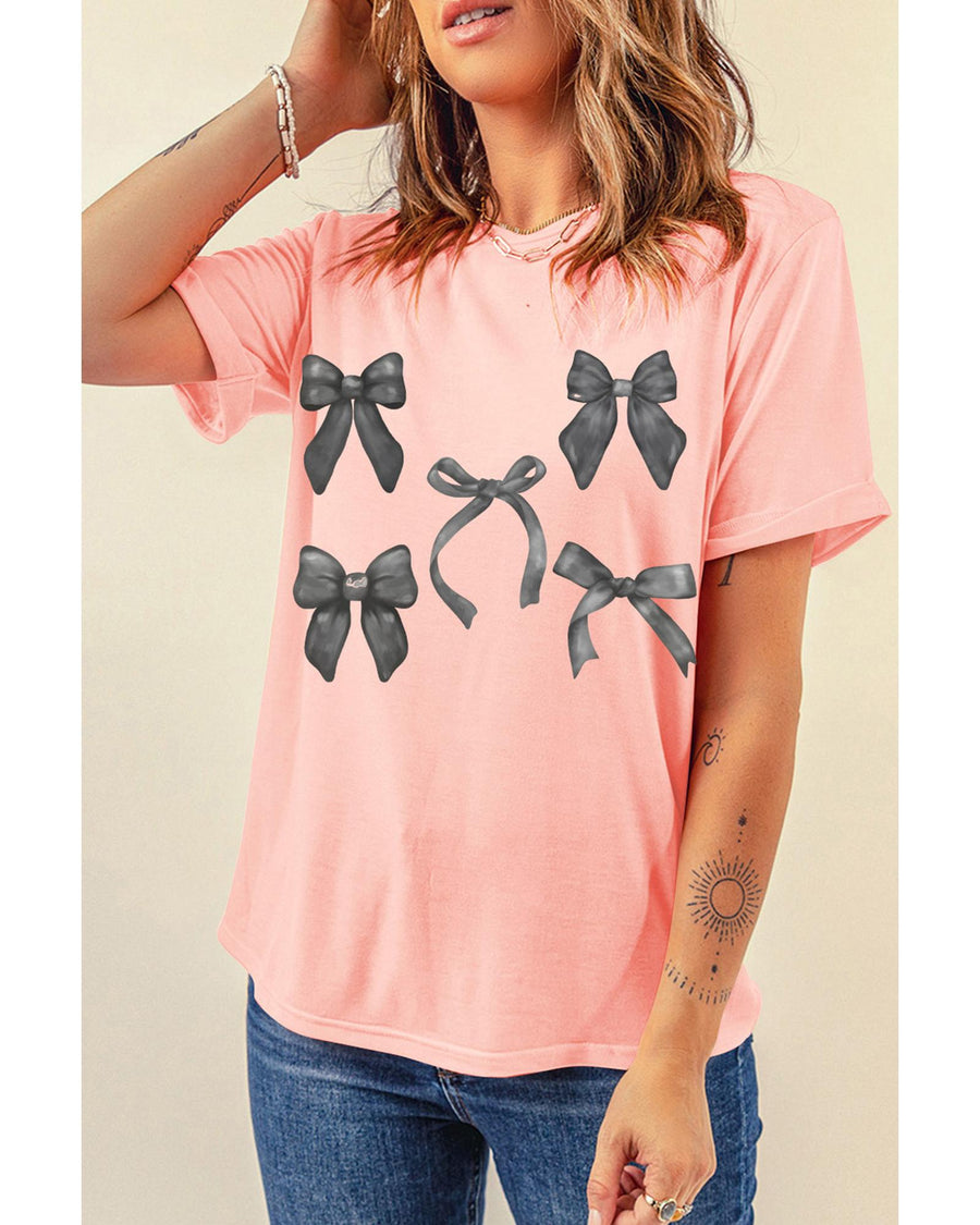 Pink Bow Knots Print Slim Fit Crew Neck T Shirt - M