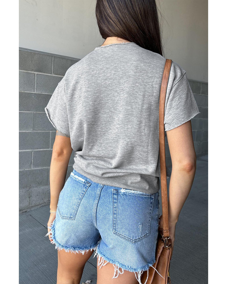 Light Grey USA Lettering Patch Notched Neck Loose Tee - L