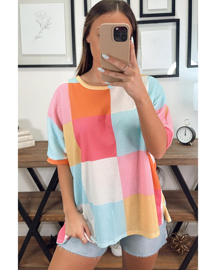 Light Blue Waffle Knit Colorblock Loose T Shirt - S