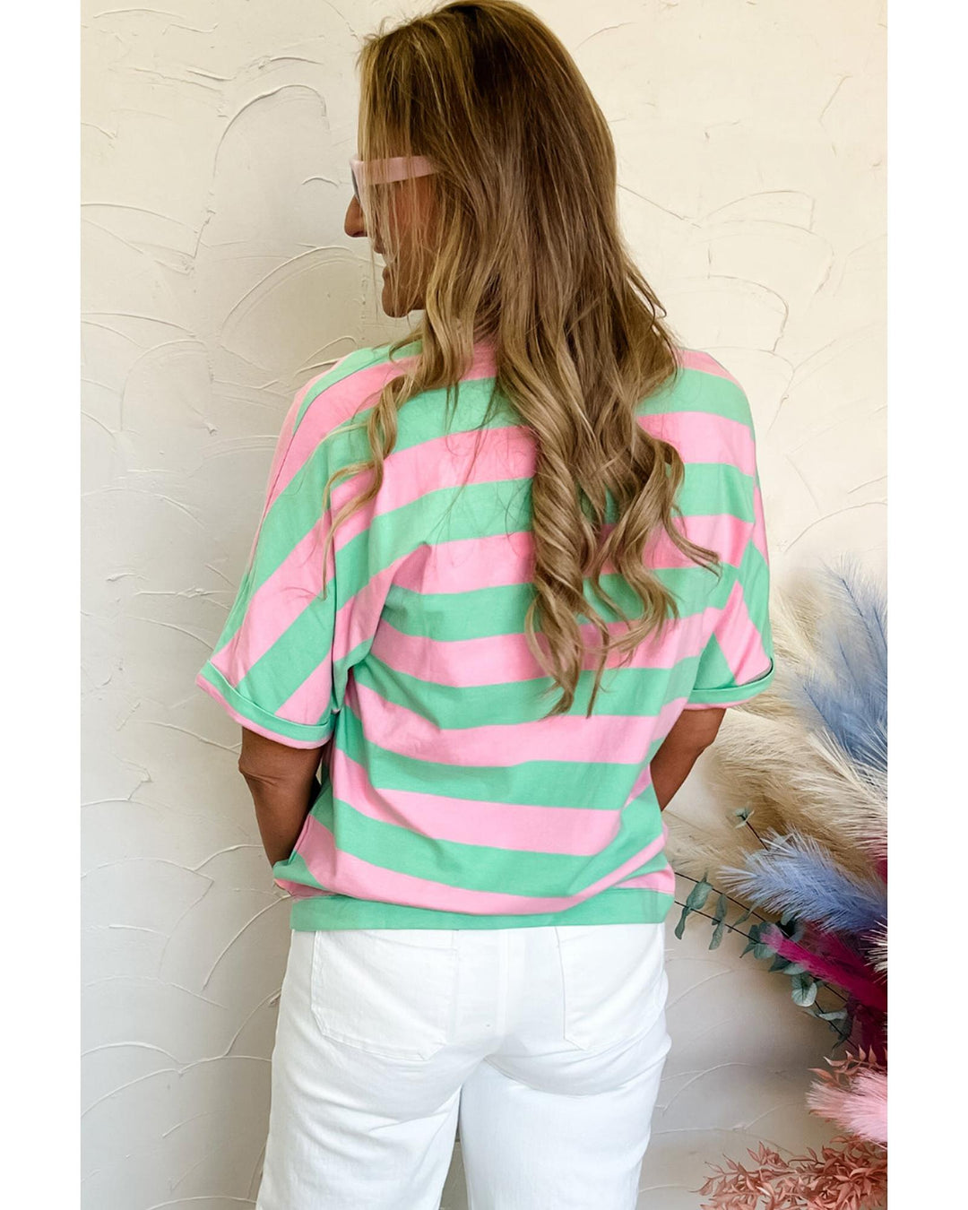 Pink Stripe Colorblock Cuffed Sleeve Loose Tee - M