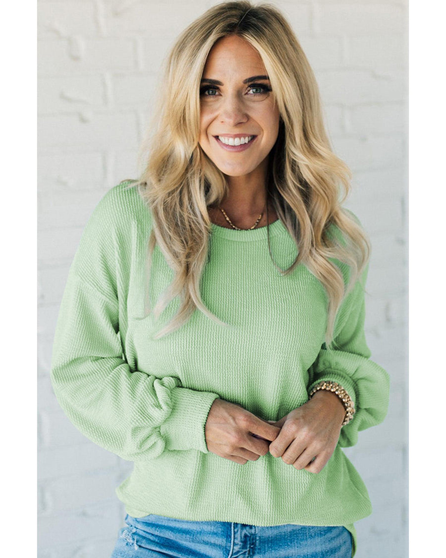 Moonlight Jade Solid Cord Ribbed Drop Shoulder Pullover Top - S