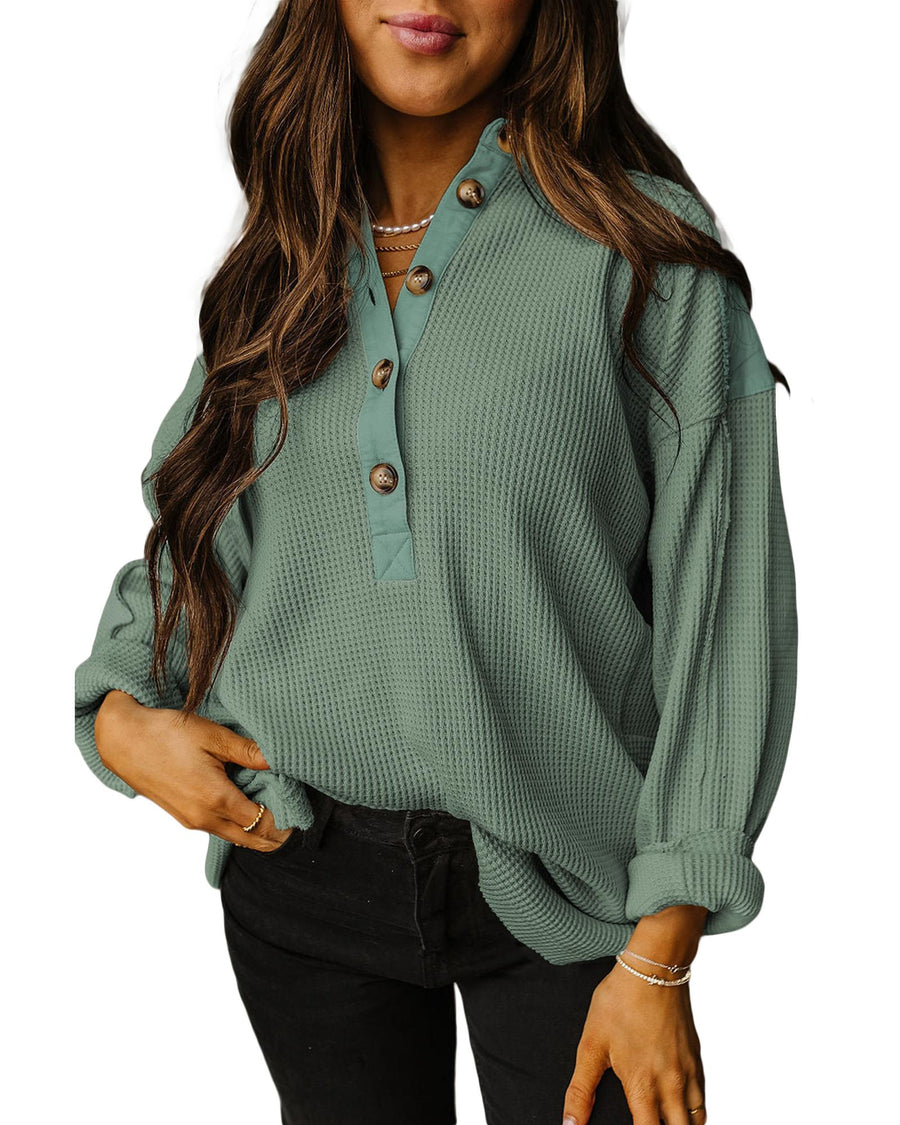 Smoke Green Waffle Long Sleeve Collar Half Button Loose Top - L
