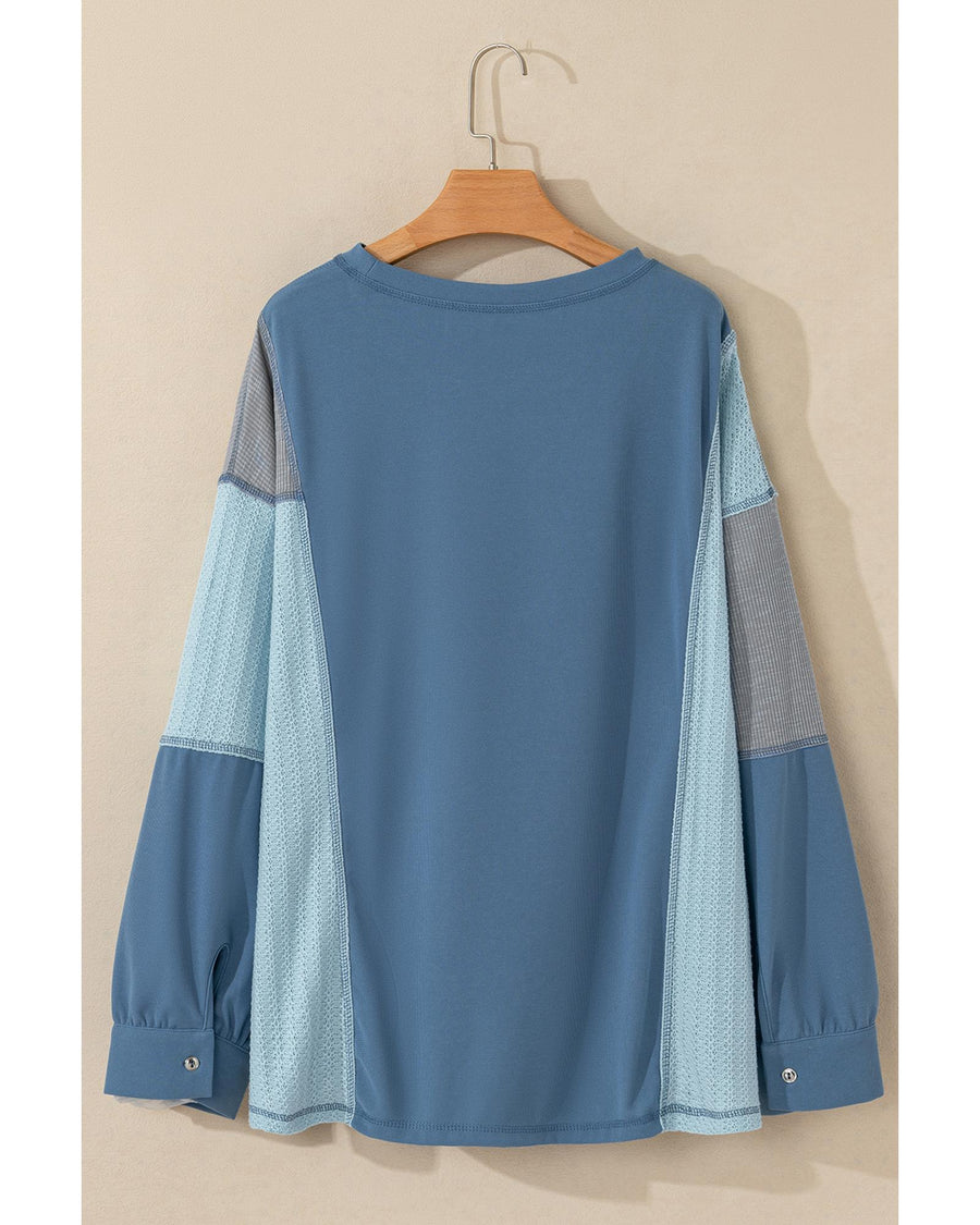 Dusk Blue Colorblock Stitching Patchwork Buttoned Long Sleeve Top - L