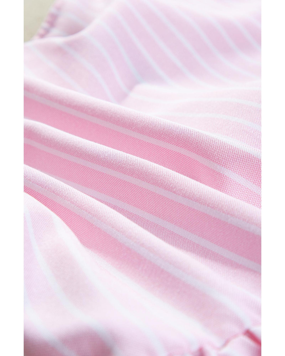 Pink Stripe Bowknot Front Crew Neck Puff Sleeve Blouse - M
