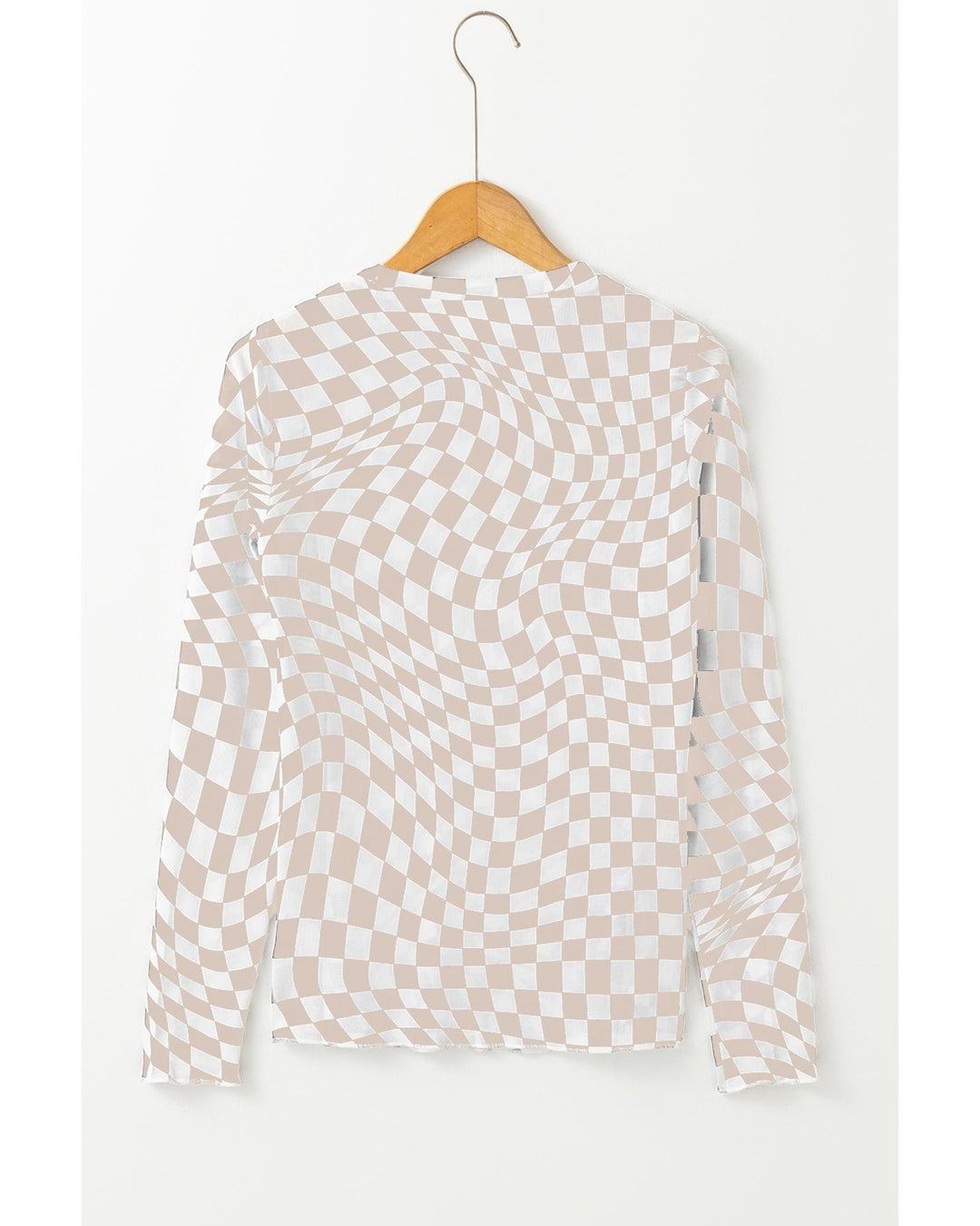 Khaki Checkered Pattern Mesh Mock Neck Long Sleeve Top - M